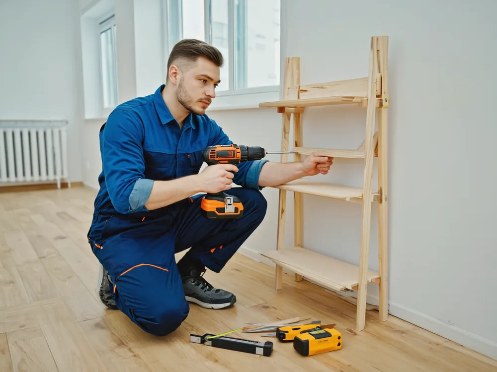 Handwerker von Deine Nordhilfe montiert ein Regal in einer Hamburger Wohnung