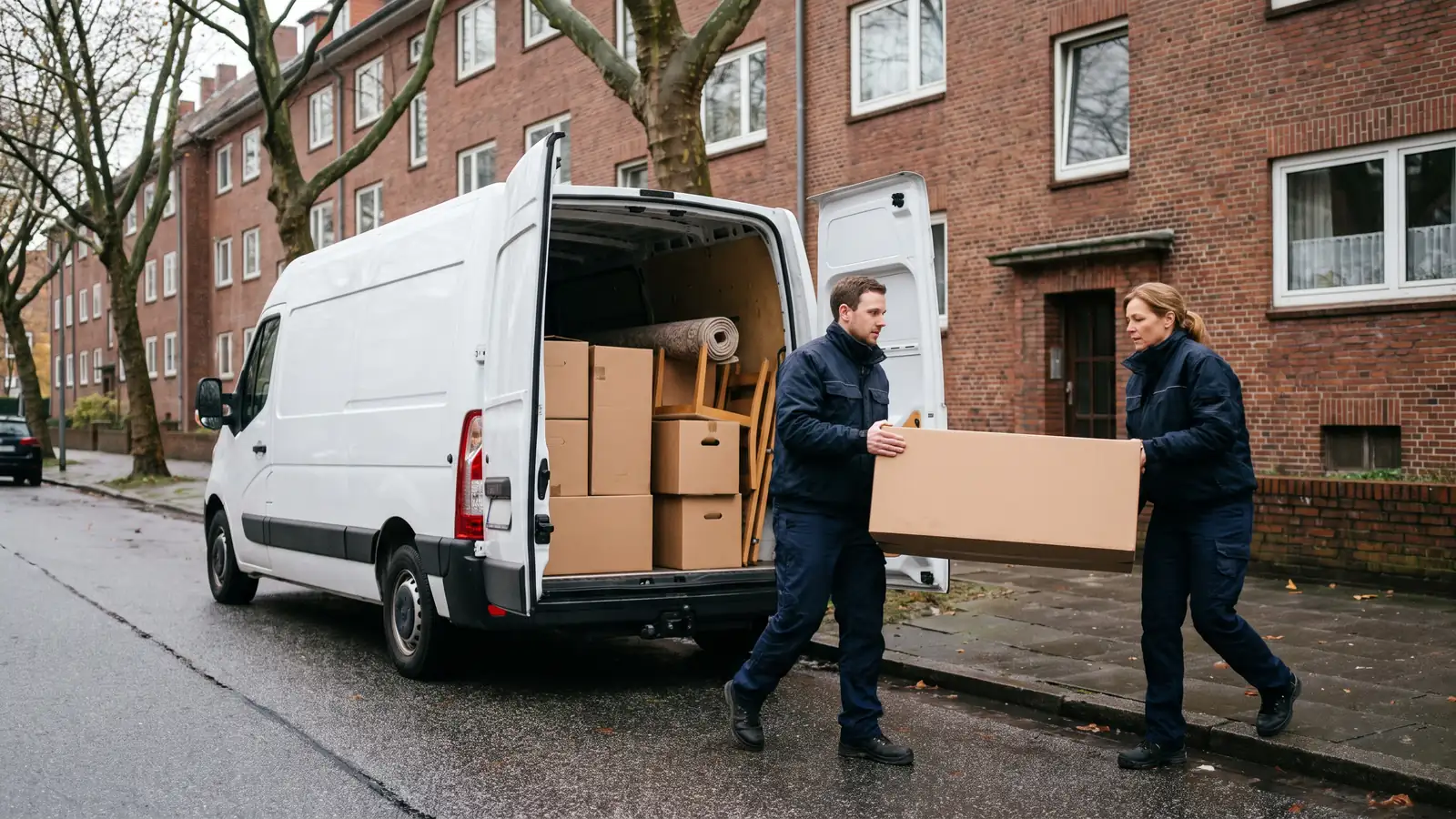 Zwei Mitarbeiter von Deine Nordhilfe beladen einen Transporter in Hamburg